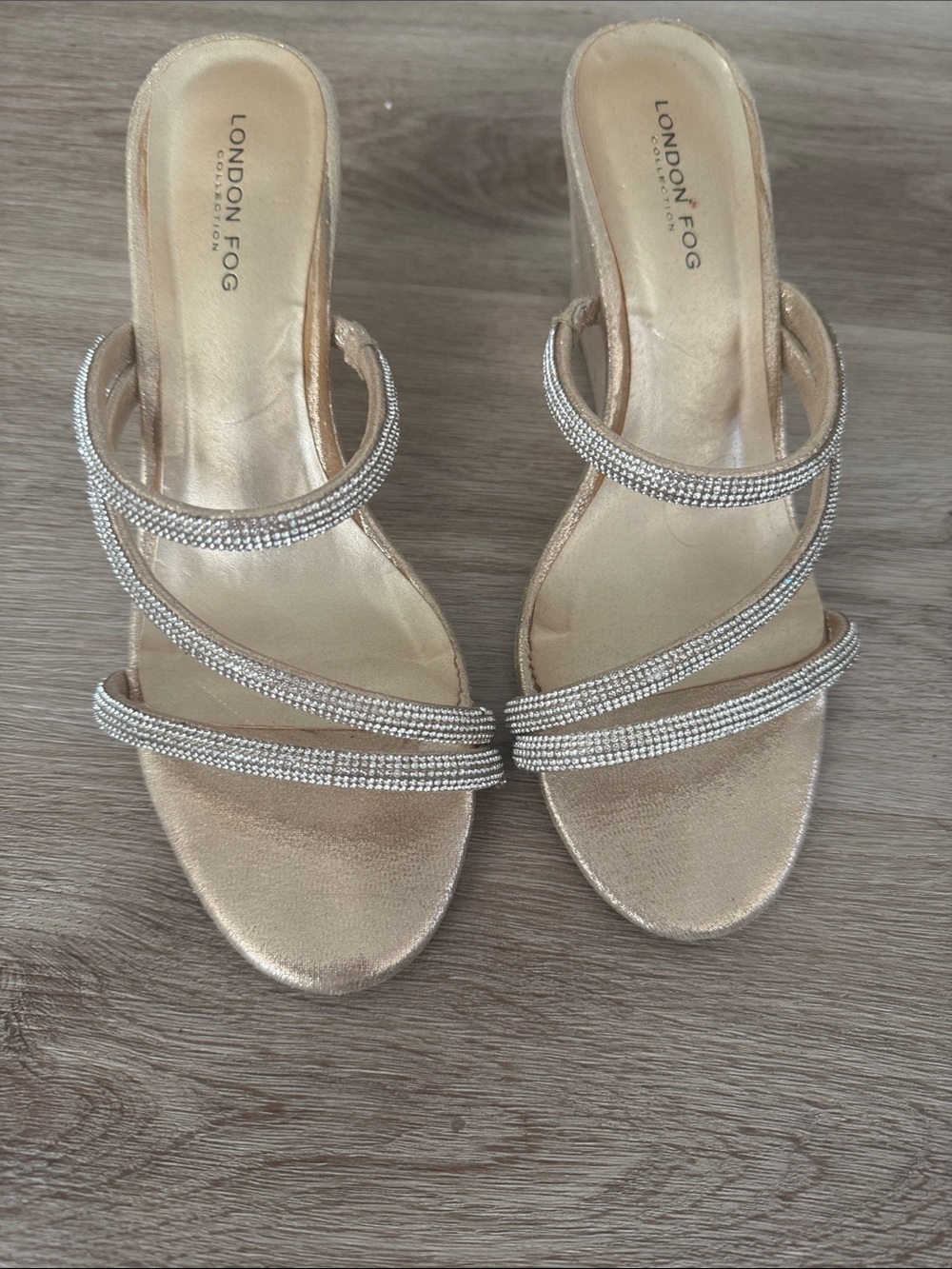 London Fog Metallic Gold Rhinestone-Strap Heeled Sandals